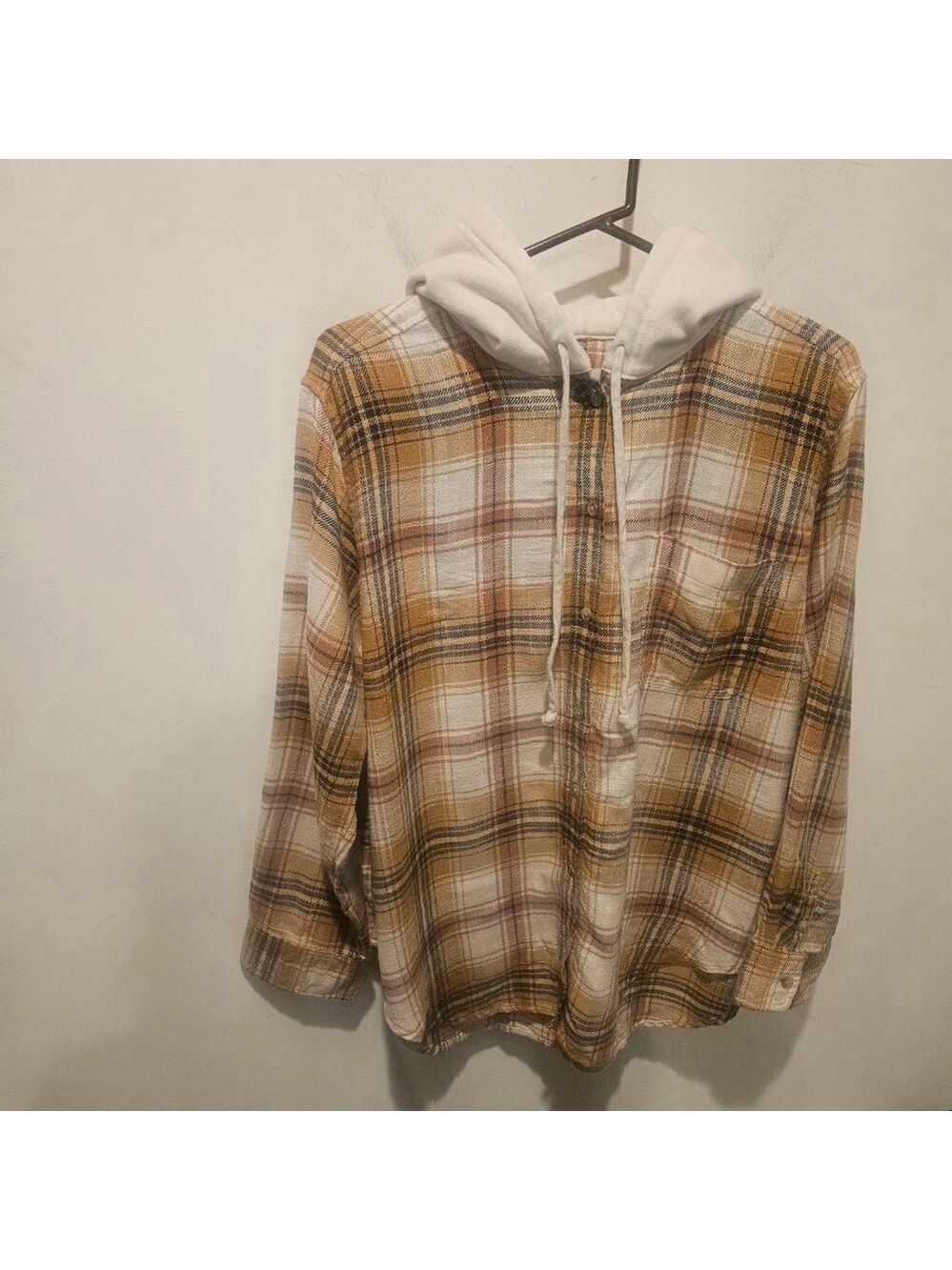 Women's American Eagle Oversized Hooded Plaid Flannel Shirt L Beige Brown - Picture 6 of 11